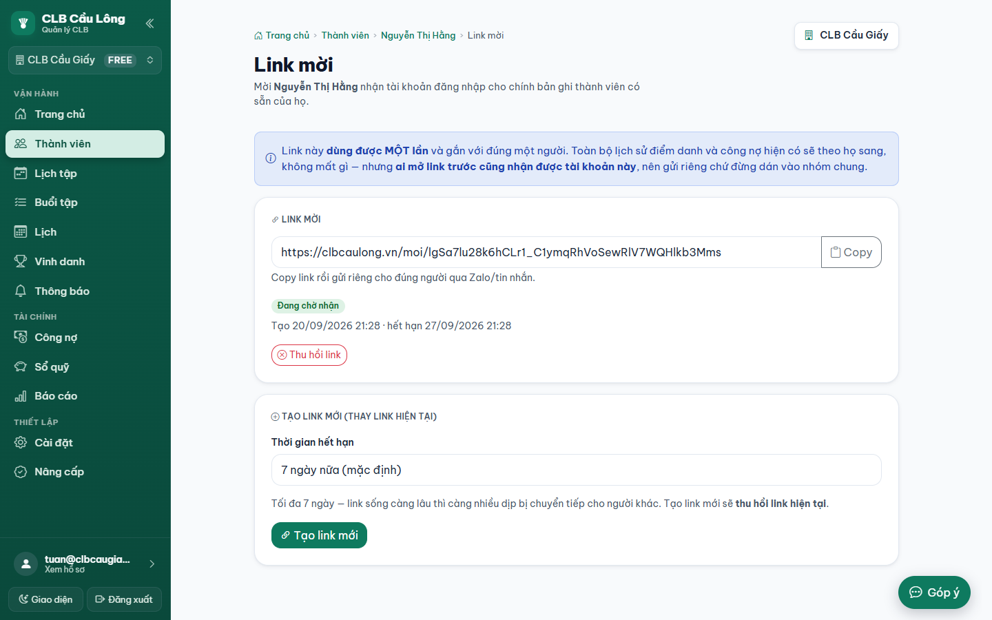 Link mời đã tạo với nút Copy, trạng thái Đang chờ nhận và nút Thu hồi link