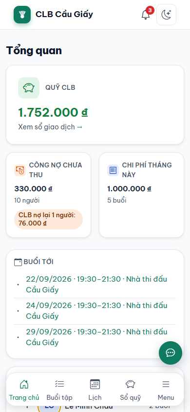 Thanh trên cùng trên điện thoại với tên câu lạc bộ, biểu tượng chuông và con số đỏ báo ba thông báo chưa đọc