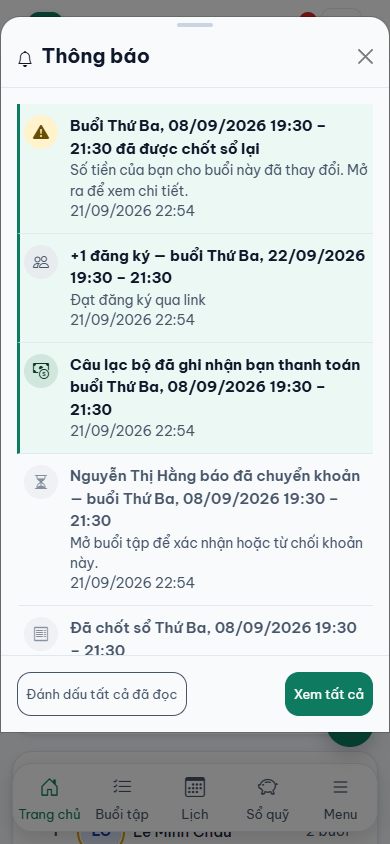 Bảng thông báo trượt lên từ đáy màn hình điện thoại, ba dòng chưa đọc có nền nhấn, bên dưới là dòng đã đọc