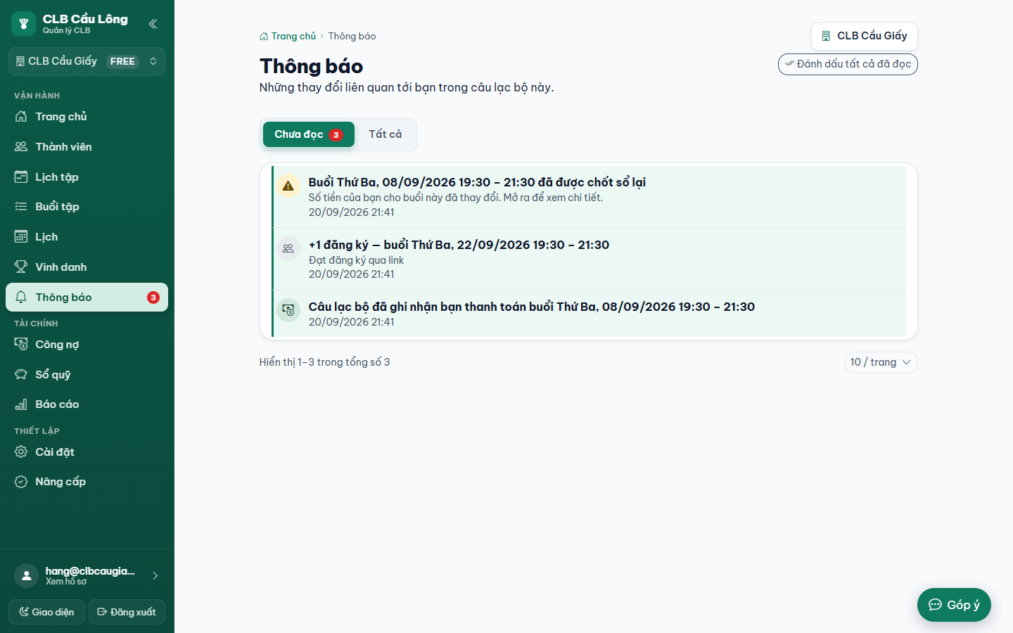 Màn hình Thông báo với tab Chưa đọc đang mở, ba thông báo chưa đọc dạng thẻ và thanh phân trang