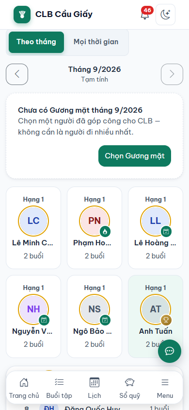 Bảng vinh danh tháng 9/2026 trên điện thoại, ghi Tạm tính, sáu thẻ cùng hạng 1 có viền vàng quanh ảnh đại diện