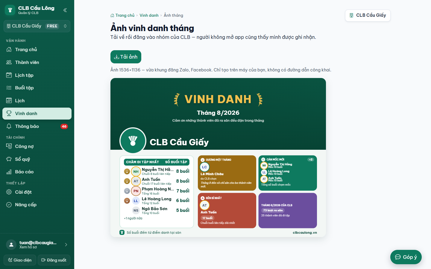 Trang Ảnh vinh danh tháng với nút Tải ảnh và bản xem trước tấm ảnh Vinh danh tháng 8/2026 của CLB Cầu Giấy